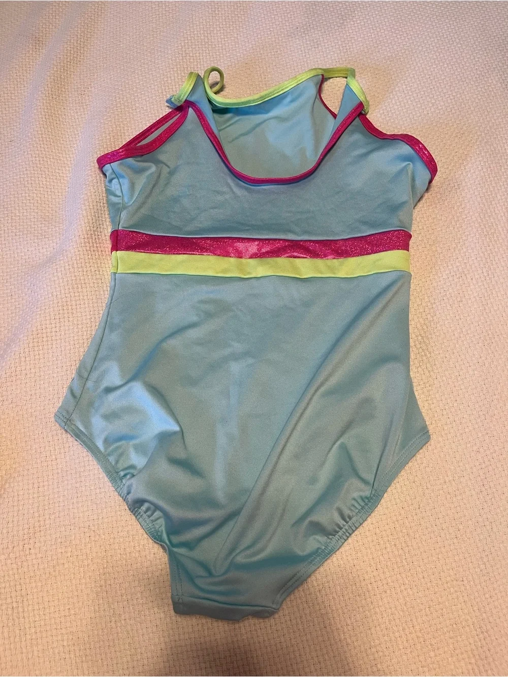 Justice Light Blue One-Piece Swimsuit with Neon Pink & Lime Trim